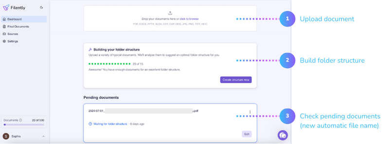 Filently dashboard: upload document, build folder structure, and check pending documents with automatic file names